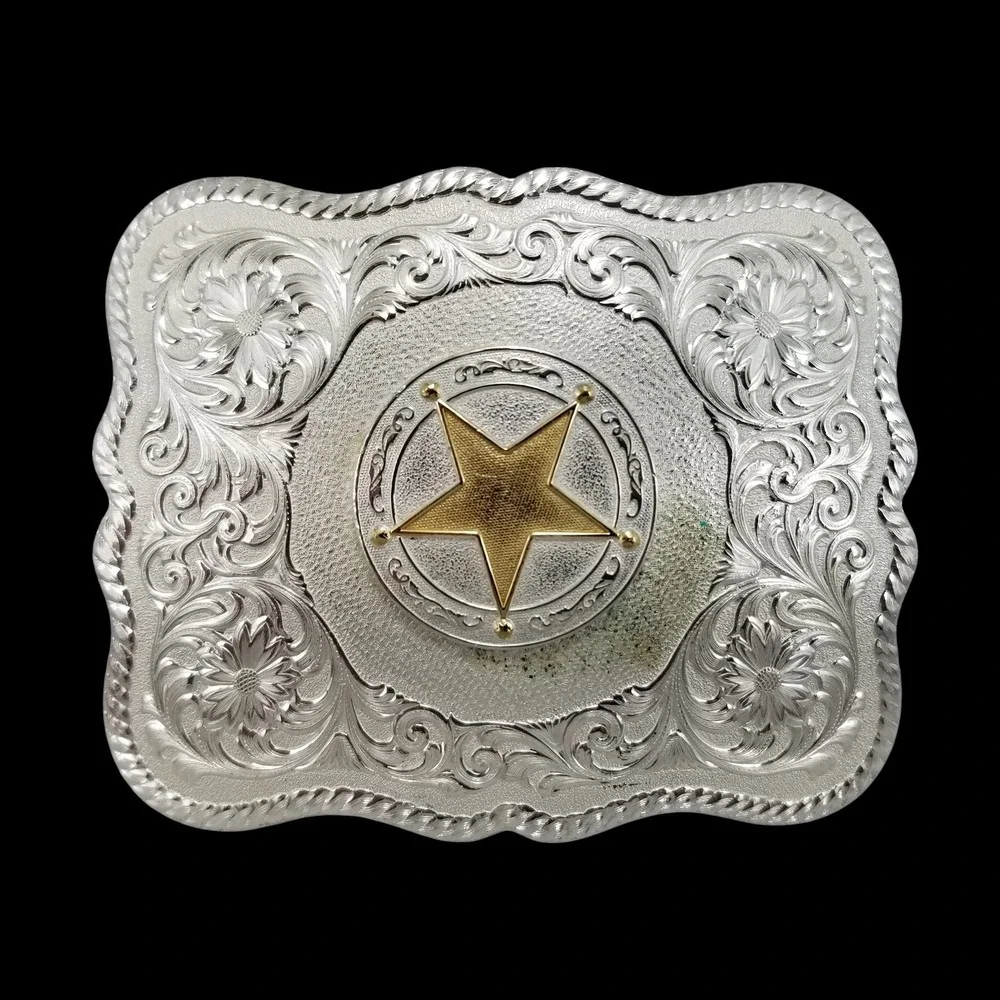 Montana Silversmiths Western Lone Star Belt Buckle Silver Tone Gold Star Texas - Picture 3 of 11